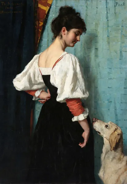 Portrait of a young Woman with ‘Puck’ the Dog av Thérèse Schwartze