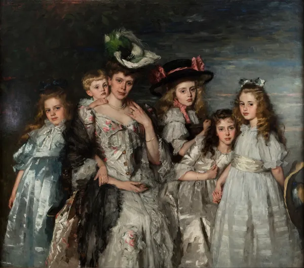 Portrait of Mrs. A.G.M. van Ogtrop-Hanlo (1871-1944) and her five children av Thérèse Schwartze