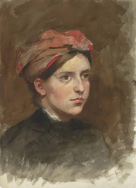 Portret van een jonge vrouw met een rode hoofddoek av Thérèse Schwartze