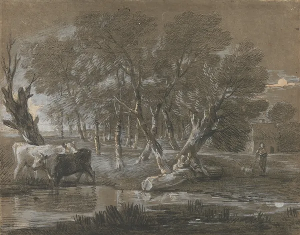 A Moonlit Landscape with Cattle by a Pool av Thomas Gainsborough