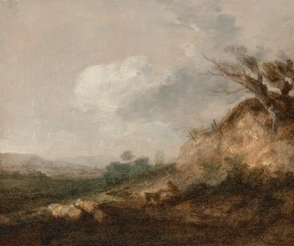 A shepherd and his dog in a landscape, his flock resting by a dune in the foreground av Thomas Gainsborough