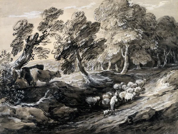A Shepherd Driving a Flock of Sheep through a Wood av Thomas Gainsborough