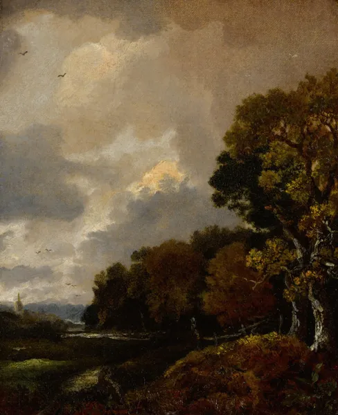 Landscape with trees and a field, a church tower in the distance av Thomas Gainsborough