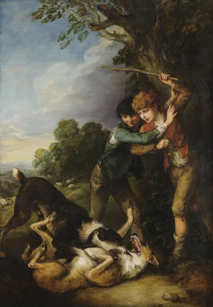 Two shepherd boys with dogs fighting av Thomas Gainsborough