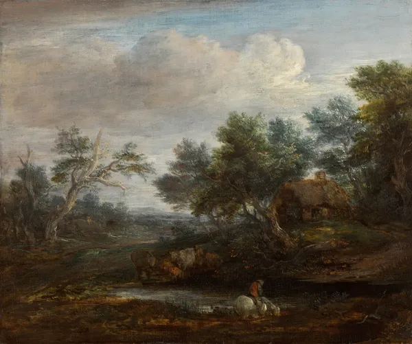 Wooded landscape with a mounted figure on a horse drinking at a pool, a thatched cottage beyond av Thomas Gainsborough