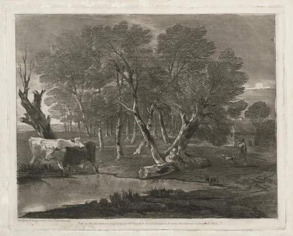Wooded Landscape with Cows beside a Pool, Figures and Cottage av Thomas Gainsborough