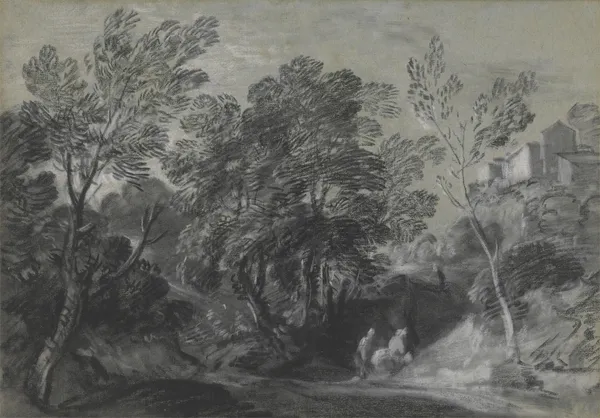 Wooded Landscape with Figures and Houses on the Hill av Thomas Gainsborough