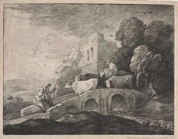 Wooded Landscape with Herdsmen Driving Cattle av Thomas Gainsborough