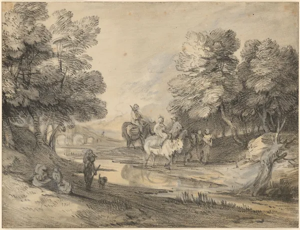 Wooded Landscape with Horseman, Figures, and Bridge av Thomas Gainsborough