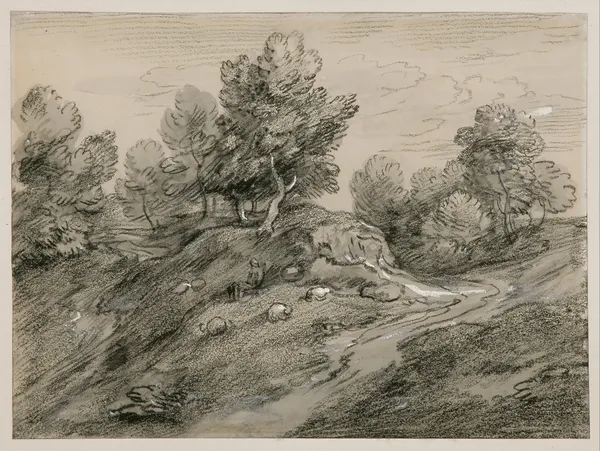 Wooded upland landscape with shepherd and sheep and country track winding around a knoll av Thomas Gainsborough
