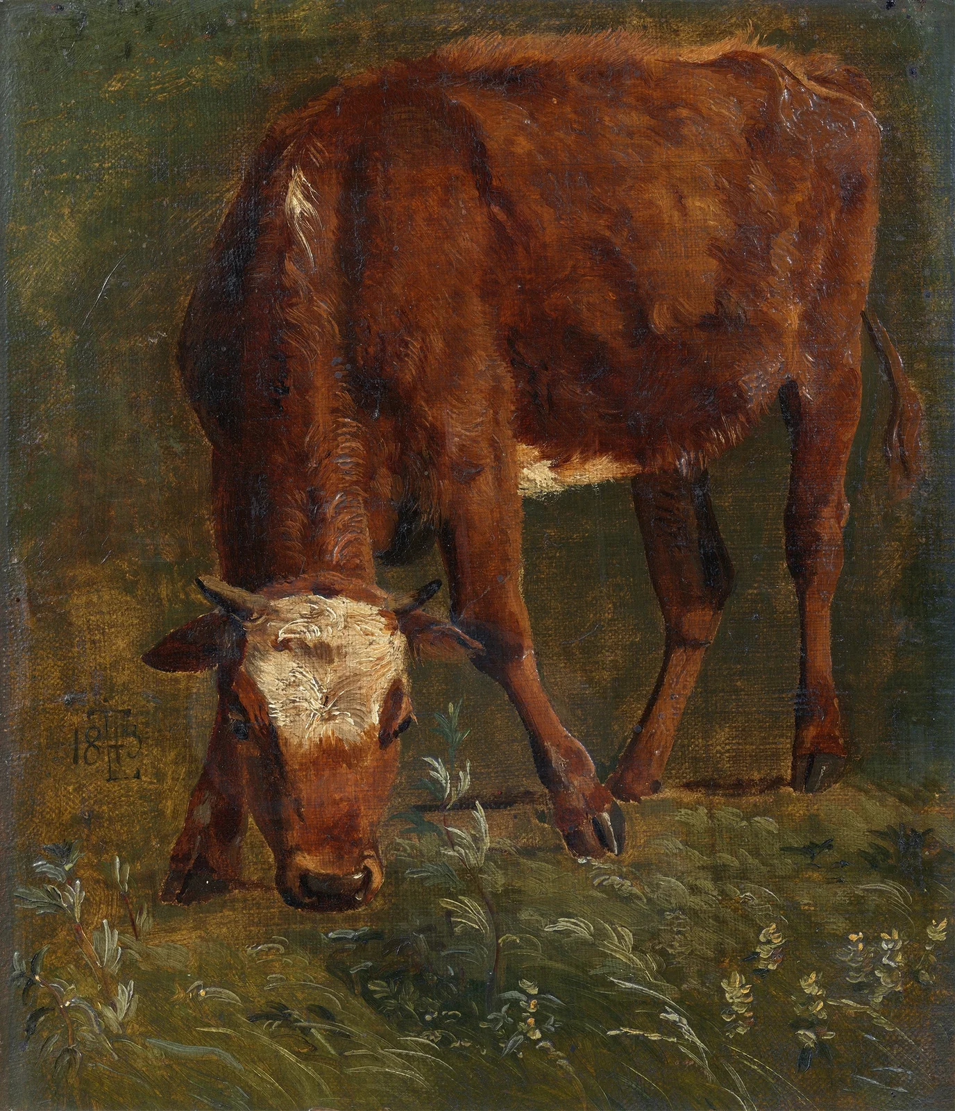 Grazing red heifer. Study av Johan Thomas Lundbye