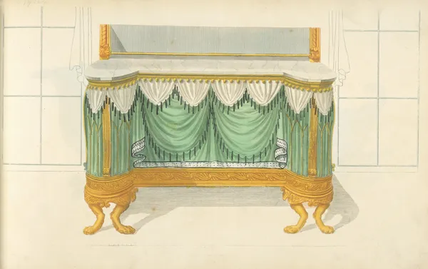 Commode or sideboard with green drapery. av Thomas Sheraton