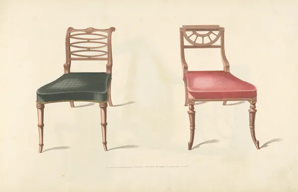 Two chairs with red, black cushions av Thomas Sheraton
