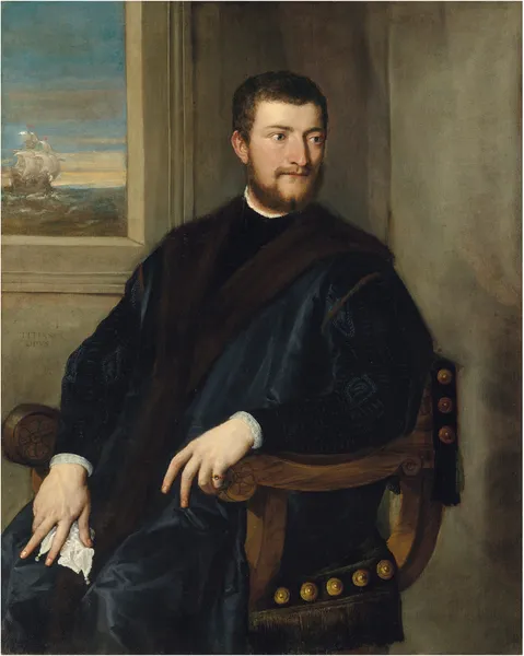 Portrait of a nobleman, seated before a window av Titian