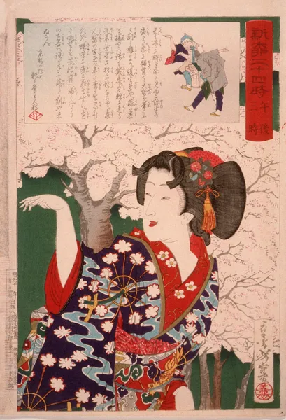 Geisha by Cherry Trees at 3;00 p.m av Tsukioka Yoshitoshi
