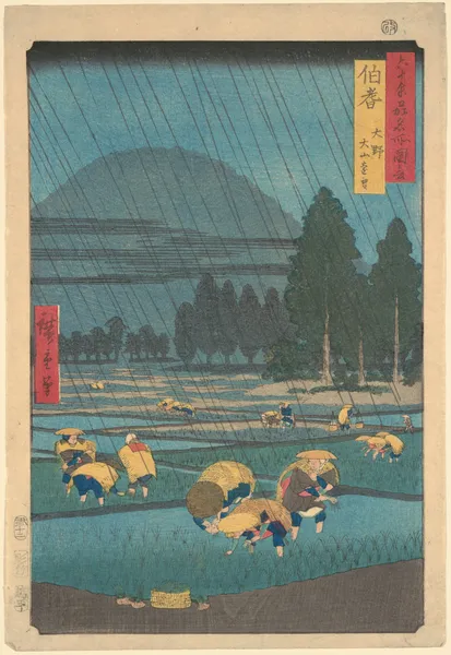 Rice Planting under Rain at Ono, Hoki Prefecture av Utagawa Hiroshige