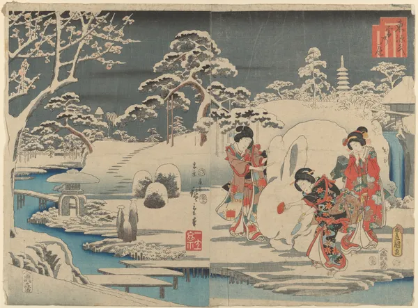 Three Women Making a Snow Rabbit in a Garden av Utagawa Hiroshige