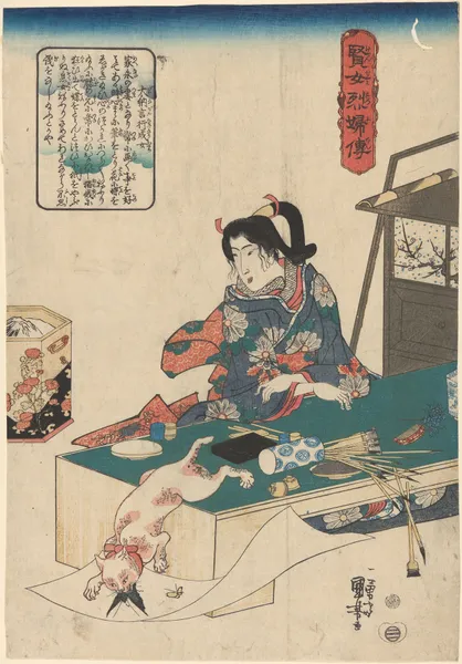 Woman at Table, White Cat Pouncing on Butterfly av Utagawa Kuniyoshi