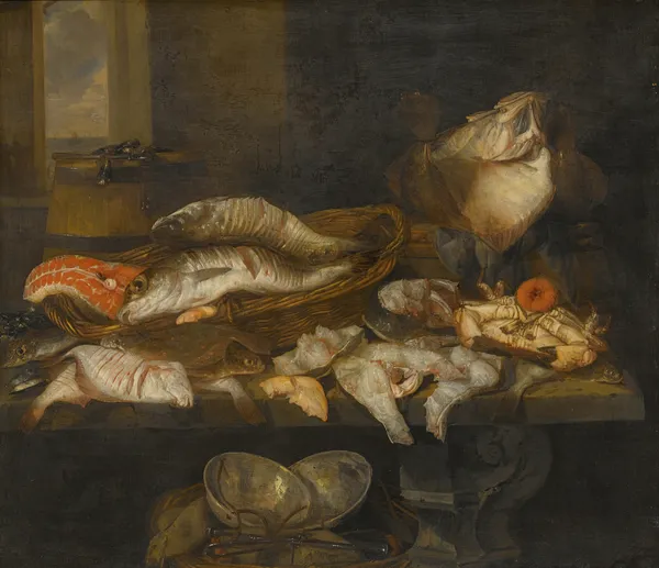 A Still Life With Salmon, Plaice, A Crab And Other Fish Arranged On A Table, A View Of The Sea Beyond av Abraham van Beyeren