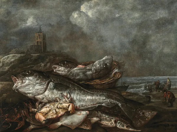 Fish on the beach at Egmond av Abraham van Beyeren