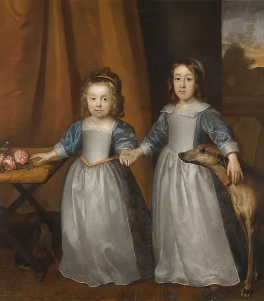 Portrait Of Two Young Girls On A Terrace With Two Hounds, A Landscape Beyond av Cornelis Jonson van Ceulen