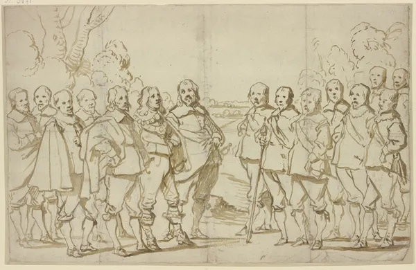 Eine Versammlung von vielen Männern, alle in Schuhen und Strümpfen, nur einer in Stiefeln av Anthony van Dyck