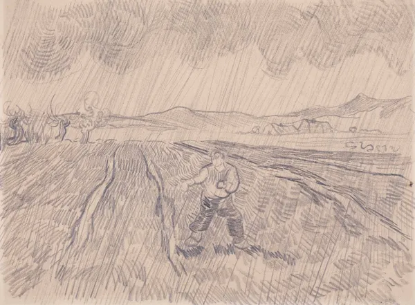 Enclosed field with a sower in the rain av Vincent van Gogh