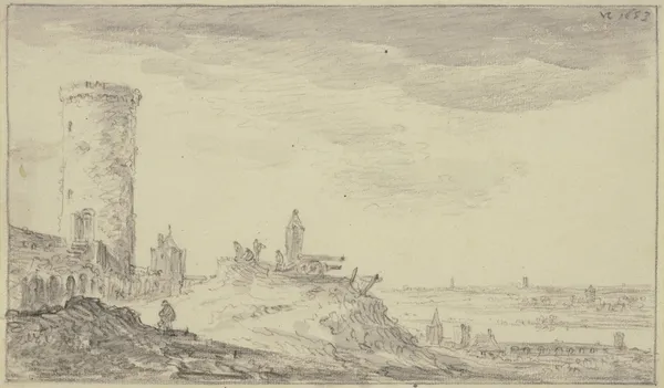 Befestigung, bei einem Kundeturm zwei Kanonen und ein Schilderhaus av Jan van Goyen