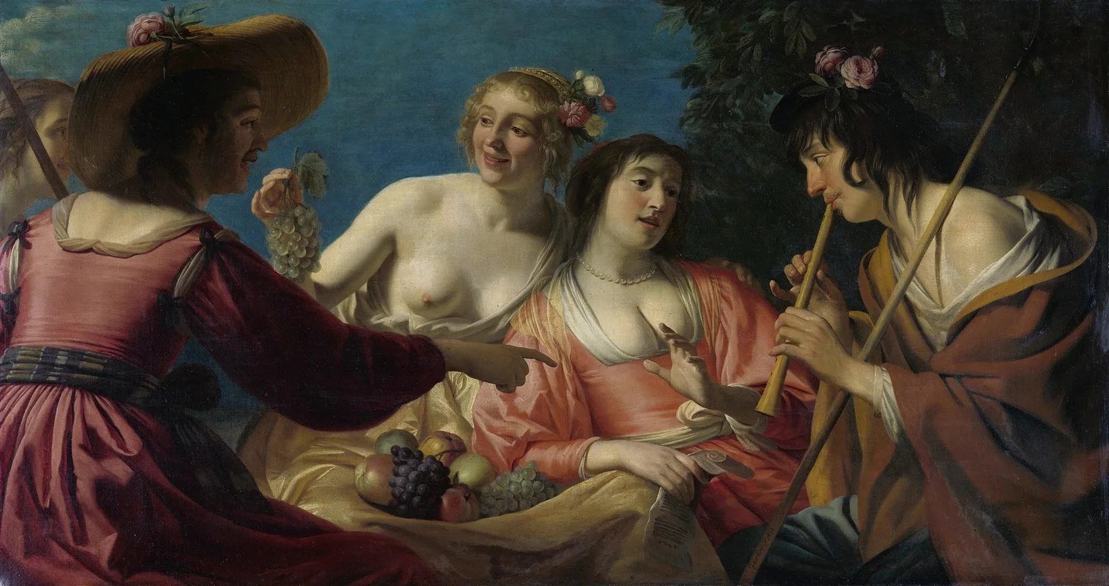 Shepherd Playing the Flute,and four Shepherdesses av Gerard van Honthorst