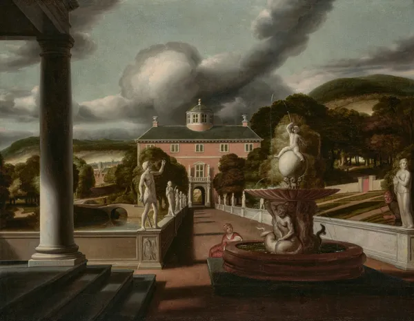 A view from a villa, with a woman seated at a fountain and an avenue of statues av Samuel van Hoogstraten