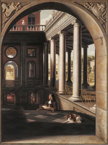 Jeune homme lisant dans un palais de style Renaissance av Samuel van Hoogstraten