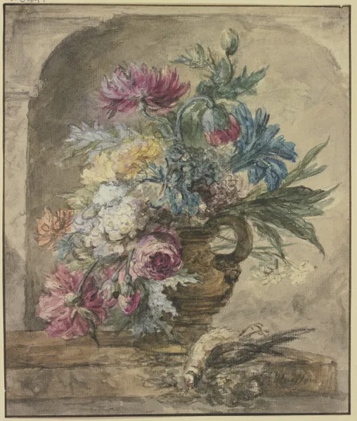 Blumenbouquet, dabei ein toter Vogel av Jan van Huysum