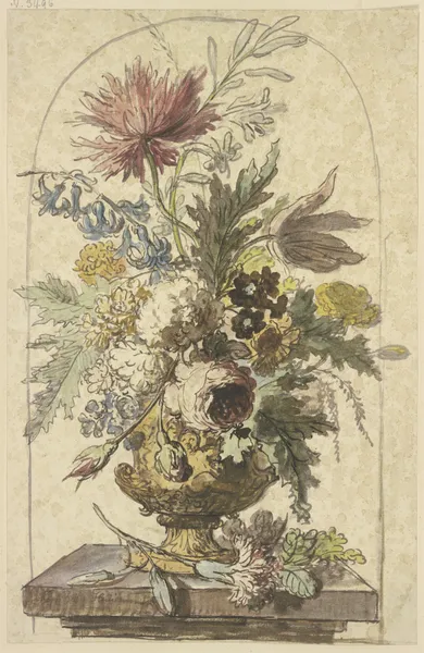 Blumenbouquet in einer Vase, vorne liegt eine Nelke av Jan van Huysum