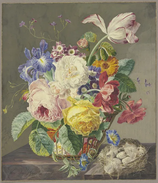 Flowers in a Woven Basket and a Bird’s Nest av Jan van Huysum