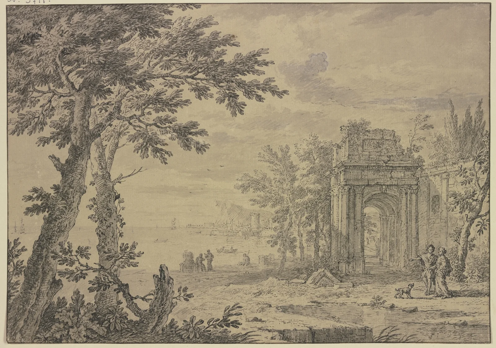 Landschaft mit einem Triumphbogen av Jan van Huysum
