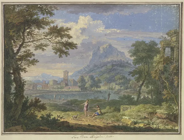 Landschaft mit einer italienischen Stadt bei einem hohen Berg, rechts die Ruine eines Tempels, im Vordergrund zwei Figuren und ein Hund av Jan van Huysum