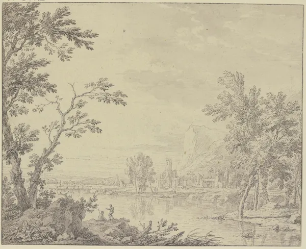 Landschaft mit einer Stadt am Wasser av Jan van Huysum