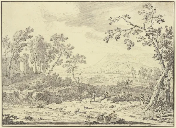 Landschaft mit Ruinen, vorne ein Hirte bei Schafen av Jan van Huysum