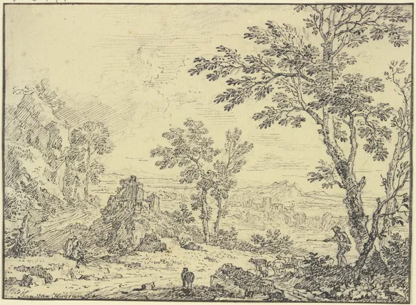 Landschaft mit Ruinen, vorne rechts ein Schafhirte av Jan van Huysum