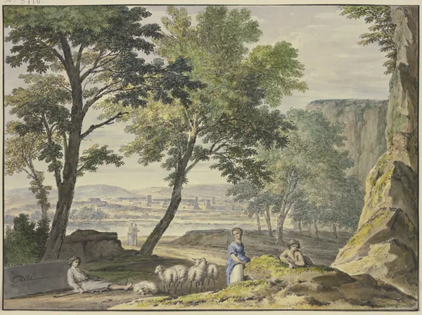 Stilvolle Landschaft mit Schafhirten, in der Ferne eine Stadt av Jan van Huysum