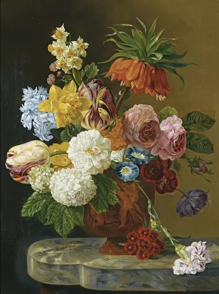 A Still Life With Roses, Peonies, Tulips, Daffodils, Carnations And Other Flowers In A Vase av Georgius Jacobus Johannes van Os