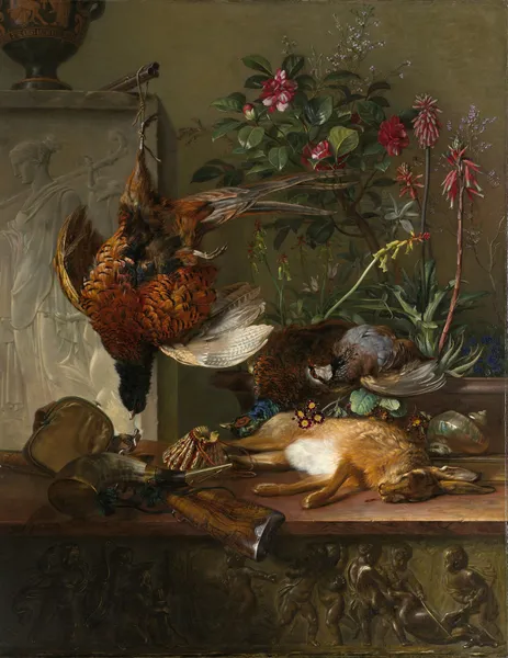Stilleven met jachtbuit en Griekse stèle; allegorie op de herfst av Georgius Jacobus Johannes van Os