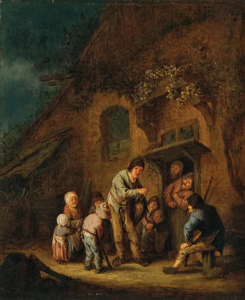 A farmyard with children and peasants listening to a hurdy-gurdy player av Adriaen van Ostade