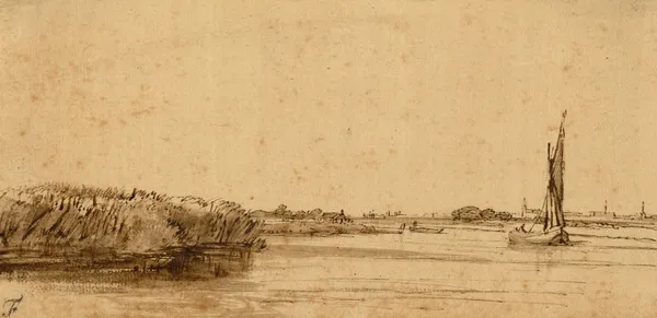 A Sailing Boat on a Wide Expanse of Water av Rembrandt van Rijn