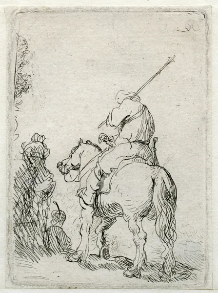 A Turbanded Soldier on Horseback av Rembrandt van Rijn