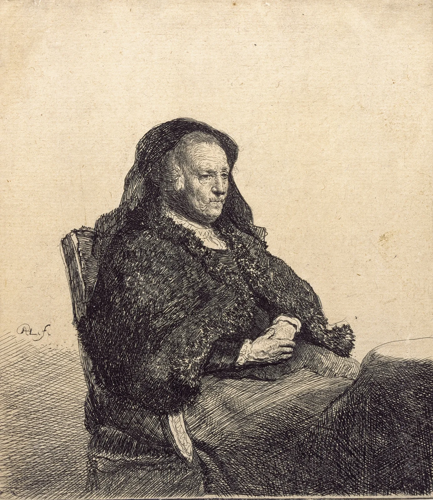 An Elderly Woman (Rembrandt’s mother, seated at a table) (c 1631) av Rembrandt van Rijn