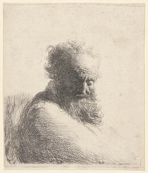 Bust of an Old Bearded Man, Looking Down av Rembrandt van Rijn