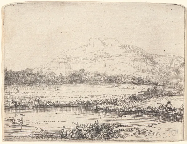 Canal with an Angler and Two Swans av Rembrandt van Rijn