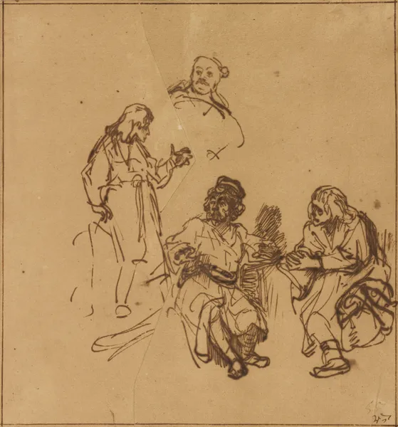 Joseph in Prison Interpreting the Dreams of Pharoah’s Baker and Butler av Rembrandt van Rijn