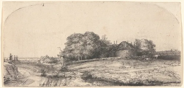 Landscape with a Hay Barn and a Flock of Sheep av Rembrandt van Rijn